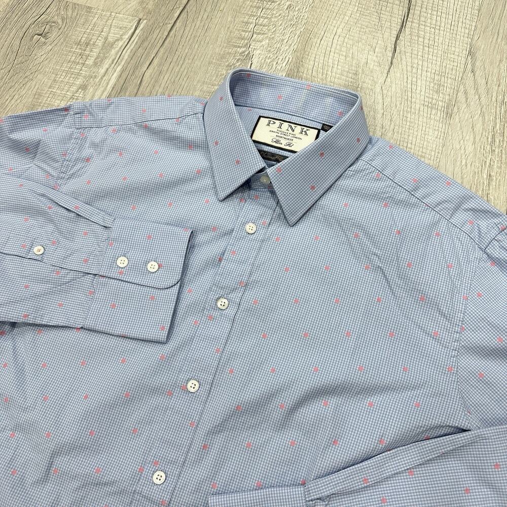 Thomas Pink Dress Shirt 15.5 Blue White Micro Gingham Check Pink Dots Slim Fit